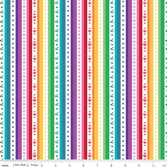 Fat Quarter End of Bolt - Bloom Stripe C14981 White - Riley Blake Designs - Stripes Striped Flowers Hearts Stars - Quilting Cotton Fabric