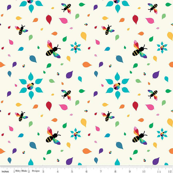 Bloom Busy Bees C14982 Cream - Riley Blake Designs - Bees Ladybugs Leaves - Quilting Cotton Fabric