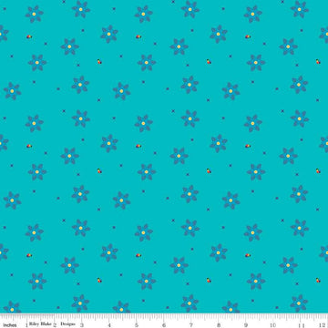 Fat Quarter End of Bolt - CLEARANCE Bloom Blissful C14984 Peacock by Riley Blake - Flowers Floral Ladybugs X's - Quilting Cotton Fabric