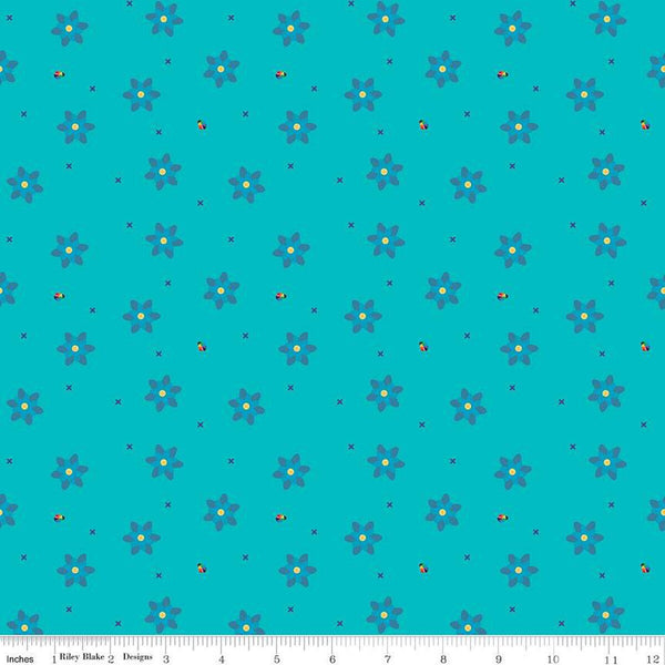 SALE Bloom Blissful C14984 Peacock by Riley Blake Designs - Flowers Floral Ladybugs X's - Quilting Cotton Fabric