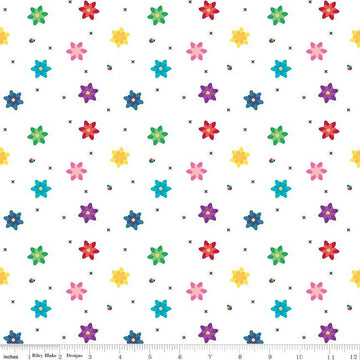 35" End of Bolt - SALE Bloom Blissful C14984 White - Riley Blake Designs - Flowers Floral Ladybugs X's - Quilting Cotton Fabric