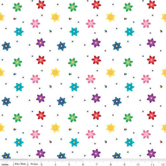 SALE Bloom Blissful C14984 White - Riley Blake Designs - Flowers Floral Ladybugs X's - Quilting Cotton Fabric