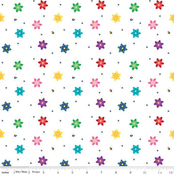 Fat Quarter End of Bolt - SALE Bloom Blissful C14984 White - Riley Blake Designs - Flowers Floral Ladybugs X's - Quilting Cotton Fabric