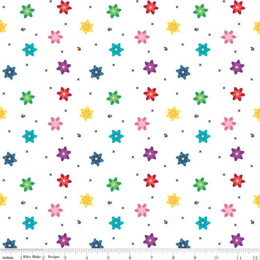 Fat Quarter End of Bolt - SALE Bloom Blissful C14984 White - Riley Blake Designs - Flowers Floral Ladybugs X's - Quilting Cotton Fabric