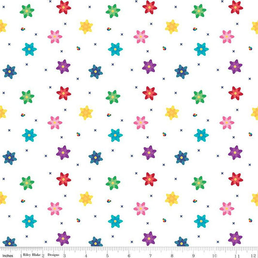 Fat Quarter End of Bolt - SALE Bloom Blissful C14984 White - Riley Blake Designs - Flowers Floral Ladybugs X's - Quilting Cotton Fabric