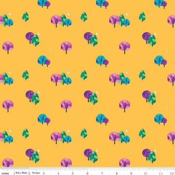 CLEARANCE Bloom Moonlit C14985 Mustard - Riley Blake Designs - Stars Moons Trees - Quilting Cotton Fabric