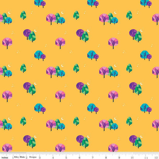 CLEARANCE Bloom Moonlit C14985 Mustard - Riley Blake Designs - Stars Moons Trees - Quilting Cotton Fabric