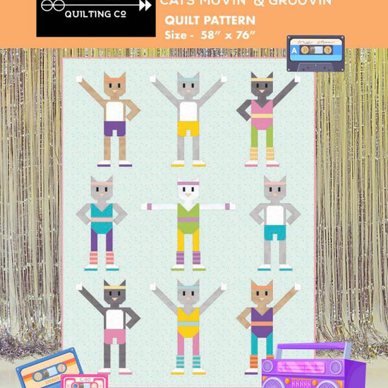 Art East Quilting Co. Catrobics quilt pattern by Art East Quilting Co. for Riley Blake Designs. Features the front of the pattern, with 9 cats in workout gear in various poses. 
Cute Little Fabric Shop