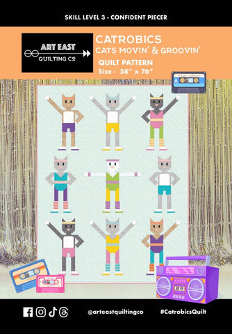 Art East Quilting Co. Catrobics quilt pattern by Art East Quilting Co. for Riley Blake Designs. Features the front of the pattern, with 9 cats in workout gear in various poses. 
Cute Little Fabric Shop