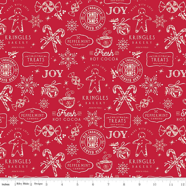 Red quilting cotton fabric with white illustrations of gingerbread men, &quot;christmas treats&quot; signs, candy canes peppermints, snowflakes, hot cocoa, and more. 
Cute Little Fabric Shop