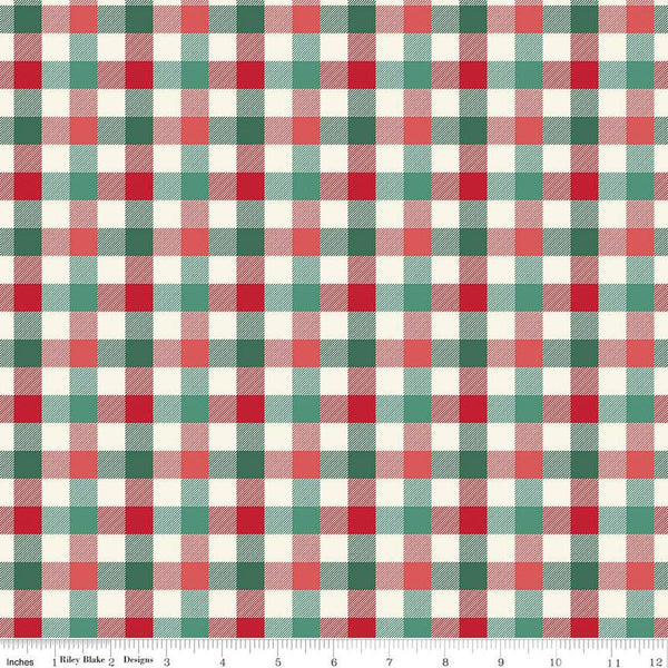 Green, cream, and red multi printed gingham fabric. Each stripe is 1/2 inch wide. 
Cute Little Fabric Shop