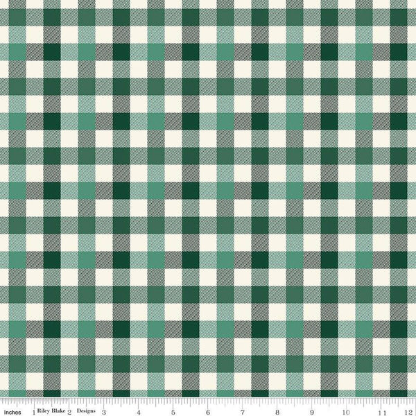 Green printed gingham fabric that is green, cream, and dark forest green. Each stripe is 1/2 inch wide. 
Cute Little Fabric Shop