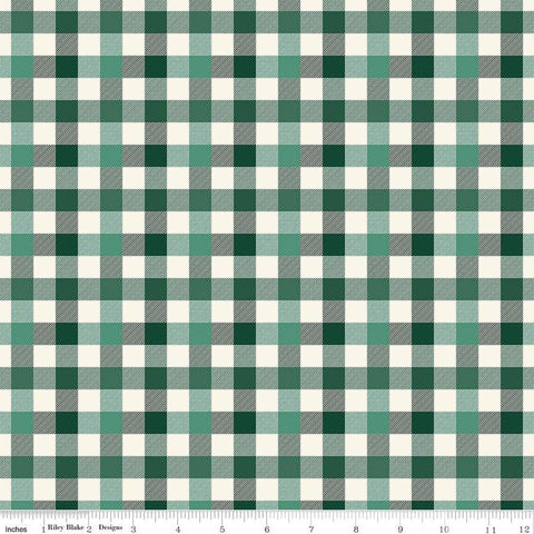 Green printed gingham fabric that is green, cream, and dark forest green. Each stripe is 1/2 inch wide. 
Cute Little Fabric Shop