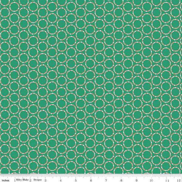 Image of In From the Cold Circles Teal by Riley Blake Designs. Features dotted circles packed together on a green teal background.
Cute Little Fabric Shop