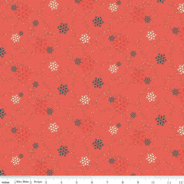 Image of In From the Cold Snowflakes Coral by Riley Blake Designs. Features scattered snowflakes on a dotted coral pink background.
Cute Little Fabric Shop