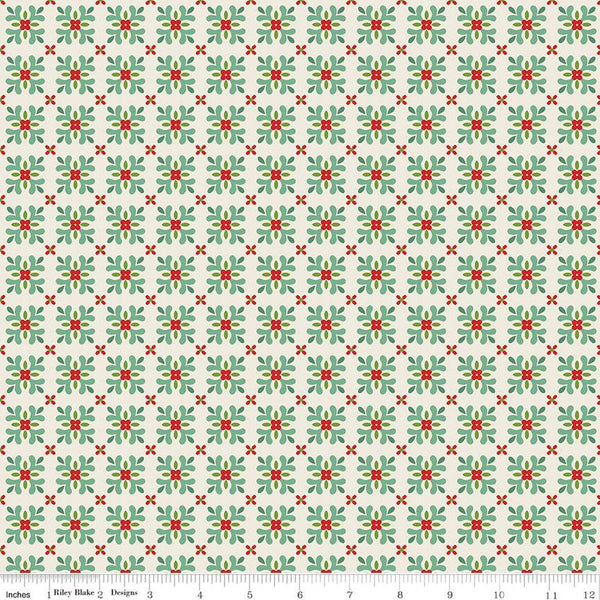 Image of In From the Cold Tiles Cream by Riley Blake Designs. Features geometric floral tiles on a cream background. 
Cute Little Fabric Shop