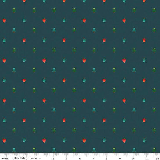 Image of In From the Cold Trees Navy by Riley Blake Designs. Features geometric pine trees on a navy background. 
Cute Little Fabric Shop