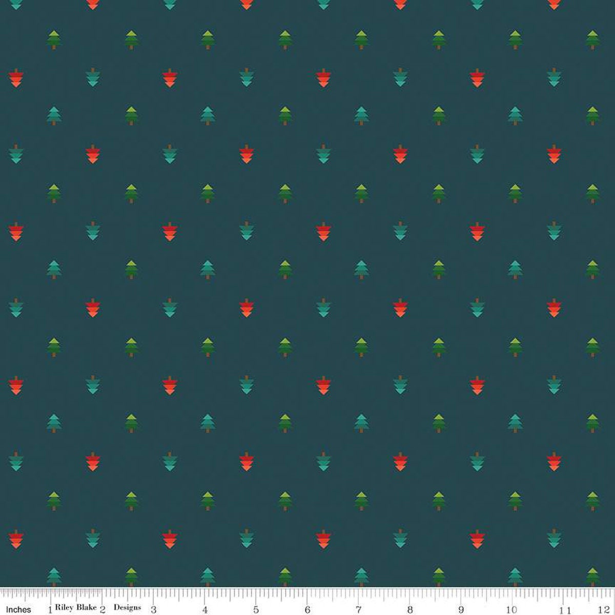 Image of In From the Cold Trees Navy by Riley Blake Designs. Features geometric pine trees on a navy background. 
Cute Little Fabric Shop