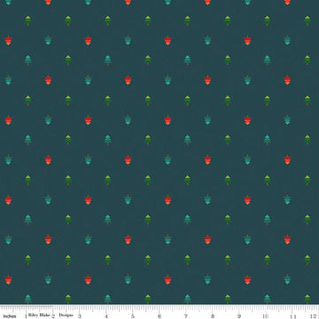 Image of In From the Cold Trees Navy by Riley Blake Designs. Features geometric pine trees on a navy background. 
Cute Little Fabric Shop