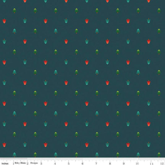 Image of In From the Cold Trees Navy by Riley Blake Designs. Features geometric pine trees on a navy background. 
Cute Little Fabric Shop