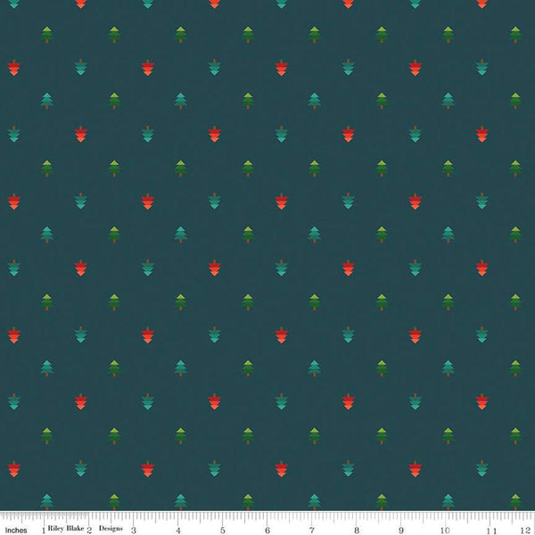 Image of In From the Cold Trees Navy by Riley Blake Designs. Features geometric pine trees on a navy background. 
Cute Little Fabric Shop