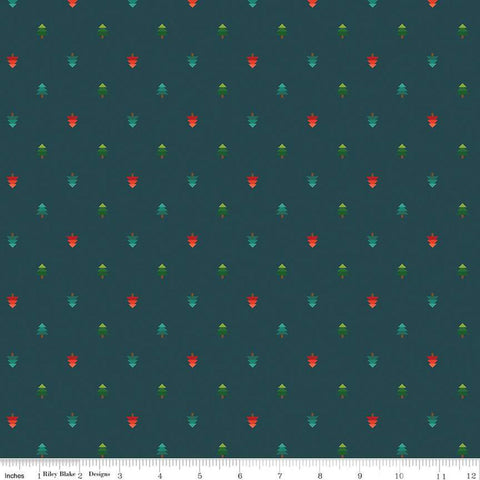 Image of In From the Cold Trees Navy by Riley Blake Designs. Features geometric pine trees on a navy background. 
Cute Little Fabric Shop