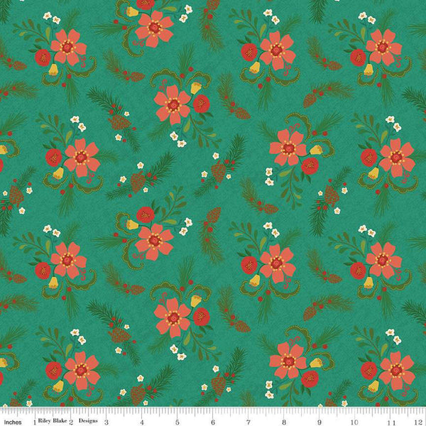 Image of In From the Cold Main Teal by Riley Blake Designs. Features a clustered floral pattern with pinecones, flowers, leaves, and sprigs of pine on a teal background. 
Cute Little Fabric Shop