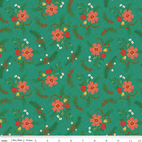 Image of In From the Cold Main Teal by Riley Blake Designs. Features a clustered floral pattern with pinecones, flowers, leaves, and sprigs of pine on a teal background. 
Cute Little Fabric Shop