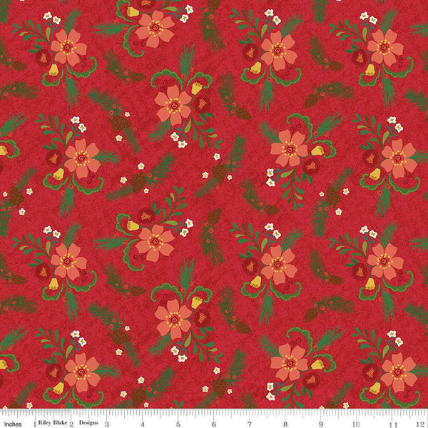 Image of In From the Cold Main Red by Riley Blake Designs. Features a clustered floral pattern with pinecones, flowers, leaves, and sprigs of pine on a red background. 
Cute Little Fabric Shop