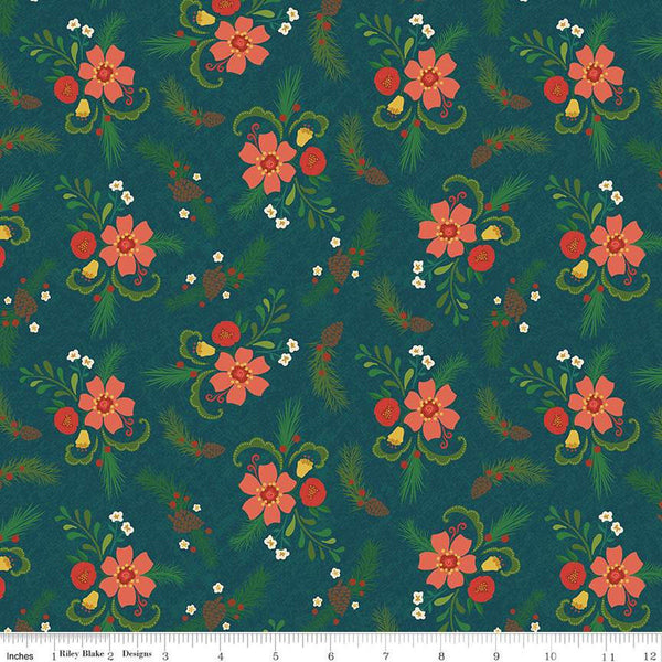 Image of In From the Cold Main Navy by Riley Blake Designs. Features a clustered floral pattern with pinecones, flowers, leaves, and sprigs of pine on a navy background. 
Cute Little Fabric Shop