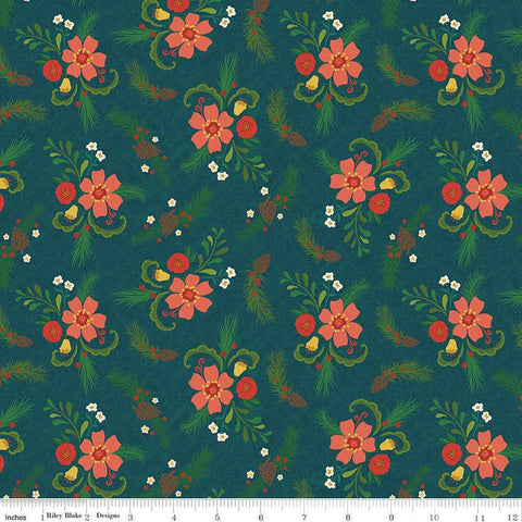 Image of In From the Cold Main Navy by Riley Blake Designs. Features a clustered floral pattern with pinecones, flowers, leaves, and sprigs of pine on a navy background. 
Cute Little Fabric Shop