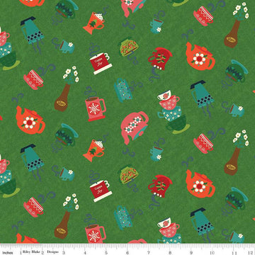 Image of In From the Cold Cups Green by Riley Blake Designs. Features a pattern of cups, mugs, and teapots on a green background. 
Cute Little Fabric Shop