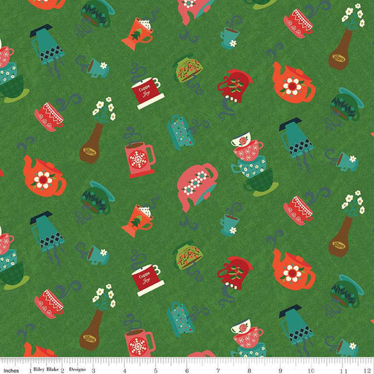 Image of In From the Cold Cups Green by Riley Blake Designs. Features a pattern of cups, mugs, and teapots on a green background. 
Cute Little Fabric Shop