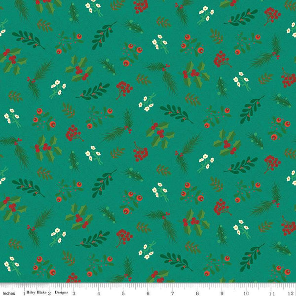 Image of In From the Cold Greenery Teal by Riley Blake Designs. Features a pattern of flowers, sprigs, and leaves on a teal background.
Cute Little Fabric Shop