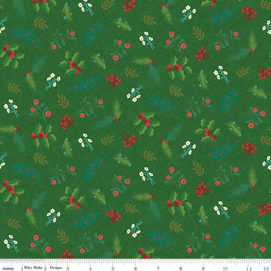Image of In From the Cold Greenery Green by Riley Blake Designs. Features a pattern of flowers, sprigs, and leaves on a green background.
Cute Little Fabric Shop