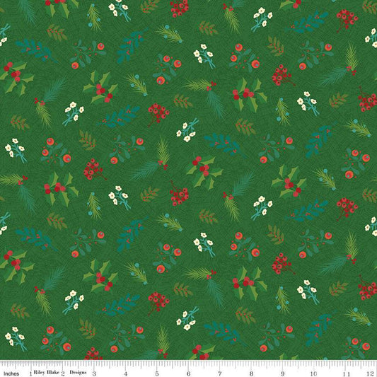 Image of In From the Cold Greenery Green by Riley Blake Designs. Features a pattern of flowers, sprigs, and leaves on a green background.
Cute Little Fabric Shop