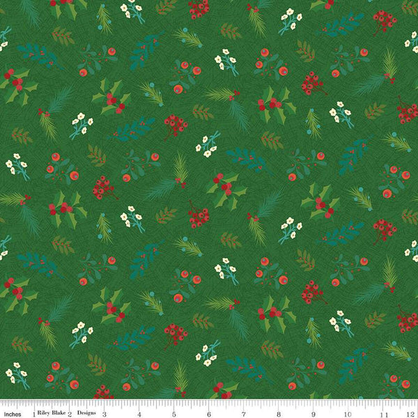 Image of In From the Cold Greenery Green by Riley Blake Designs. Features a pattern of flowers, sprigs, and leaves on a green background.
Cute Little Fabric Shop