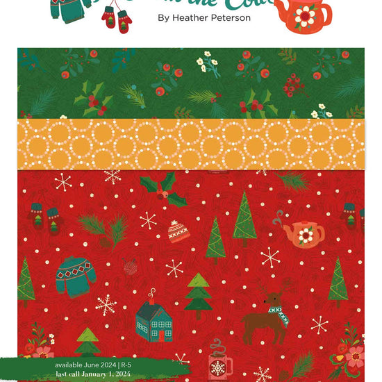 Picture of the In From the Cold Storyboard by Riley Blake Designs. Features the main red fabric with coordinating yellow and green fabrics. 
Cute Little Fabric Shop