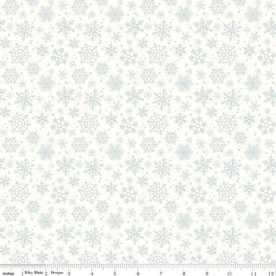 Image of the Magical Winterland Snowflake Snow quilting cotton fabric by Riley Blake Designs. Features scattered snowflakes on a white snow background. 
Cute Little Fabric Shop