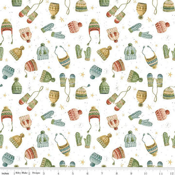 Image of the Magical Winterland Knitwear Snow quilting cotton fabric by Riley Blake Designs. Features tossed hats and mittens on a snowy white background. 
Cute Little Fabric Shop