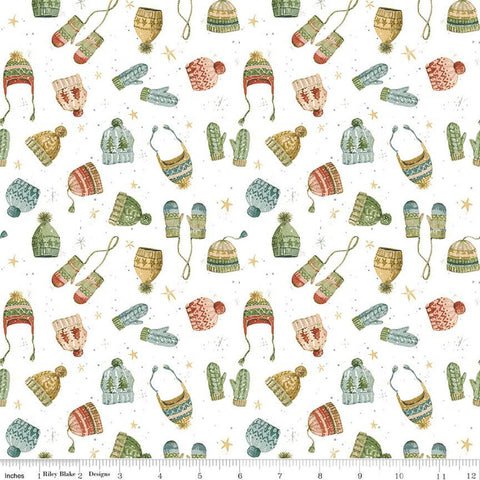 Image of the Magical Winterland Knitwear Snow quilting cotton fabric by Riley Blake Designs. Features tossed hats and mittens on a snowy white background. 
Cute Little Fabric Shop