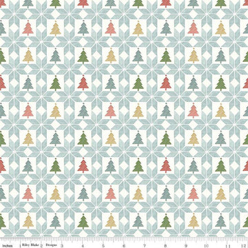 Image of the Magical Winterland Patchwork Multi quilting cotton fabric by Riley Blake Designs. Features a quilt design with trees and stars on a light blue background. 
Cute Little Fabric Shop