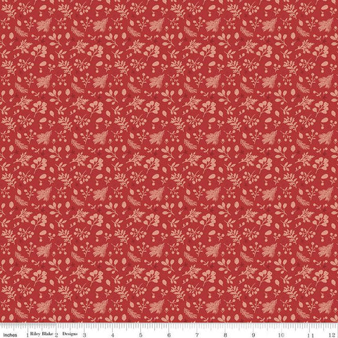 Image of the Magical Winterland Tonal Barn Red quilting cotton fabric by Riley Blake Designs. Features tossed sprigs of leaves on a dark red background. 
Cute Little Fabric Shop