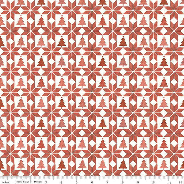 Image of the Magical Winterland Patchwork Barn Red quilting cotton fabric by Riley Blake Designs. Features a quilt design with trees and stars on a red and white background. 
Cute Little Fabric Shop