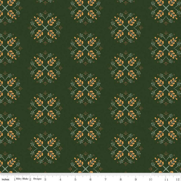 Dark forest green colored quilting cotton fabric with geometric flowers, leaves, and stems. 
Cute Little Fabric Shop