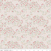 Cream, linen colored quilting cotton fabrics with clusters of pink tulips with green stems and leaves. 
Cute Little Fabric Shop