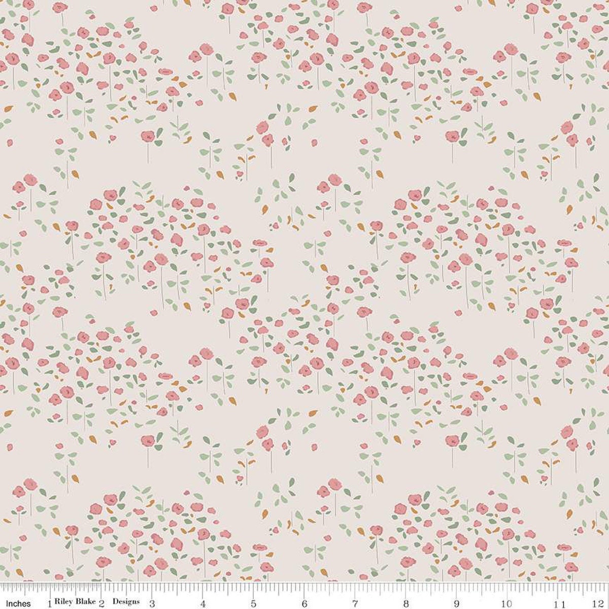 Cream, linen colored quilting cotton fabrics with clusters of pink tulips with green stems and leaves. 
Cute Little Fabric Shop