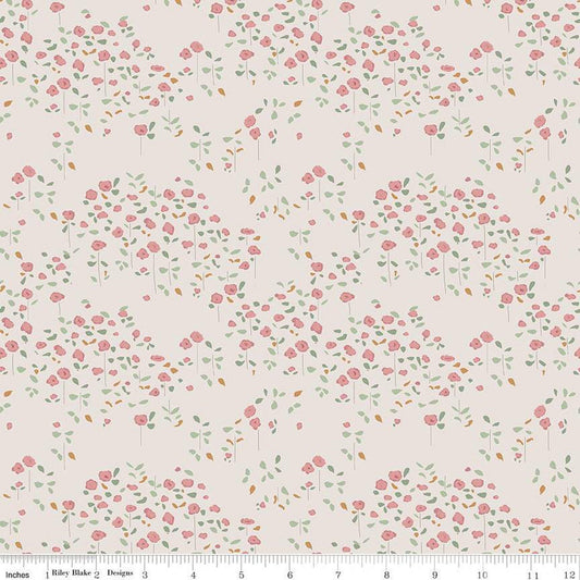 Cream, linen colored quilting cotton fabrics with clusters of pink tulips with green stems and leaves. 
Cute Little Fabric Shop