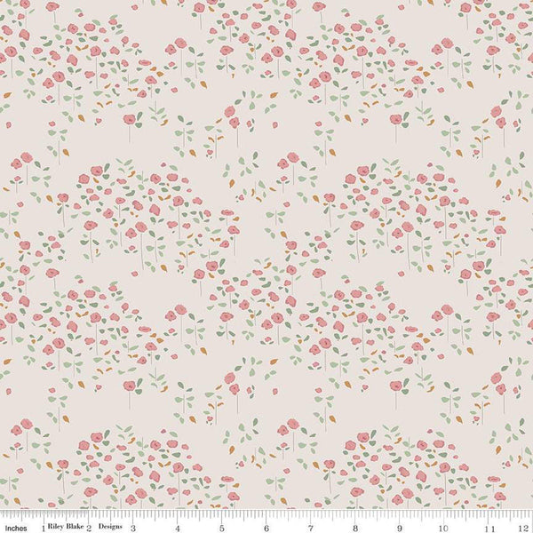 Cream, linen colored quilting cotton fabrics with clusters of pink tulips with green stems and leaves. 
Cute Little Fabric Shop