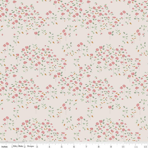 Cream, linen colored quilting cotton fabrics with clusters of pink tulips with green stems and leaves. 
Cute Little Fabric Shop